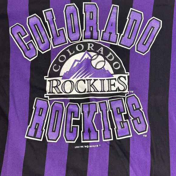 LOGO 7 Other - Vintage 90s‎ Colorado Rockies, Striped, Short Sleeve Hoodie Purple/Black. Sz XL.